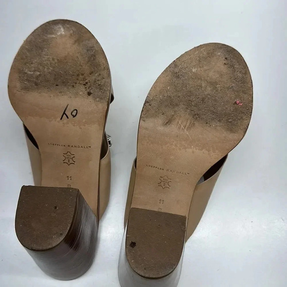 Loeffler Randall Etta Tan Leather Jeweled Block Heel Open Peep Toe Mules Size 11 - Picture 9 of 10